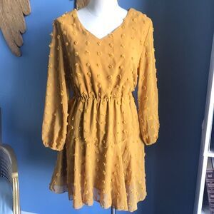 NWT Kirundo Mustard yellow Swiss dot long sleeves V neck chiffon flowy dress S
